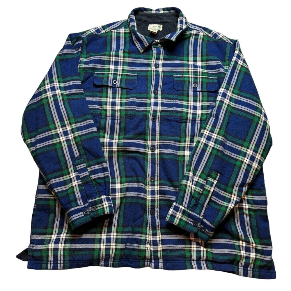 LL Bean Blue Green Plaid Fleece Lined Flannel Shacket Jacket Men’s Size 2XL